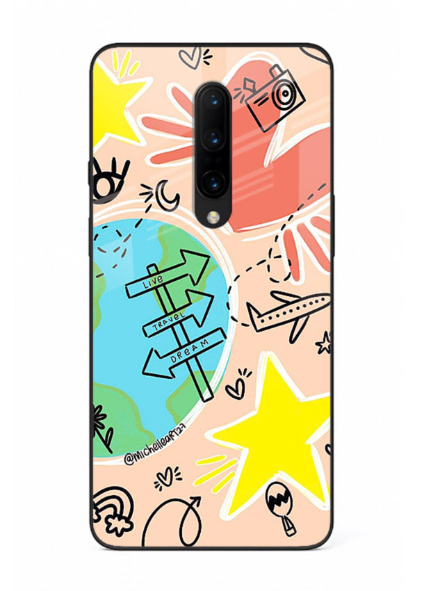 Colorful Travel Doodles sketch artwork OnePlus 7T Pro glass back cover