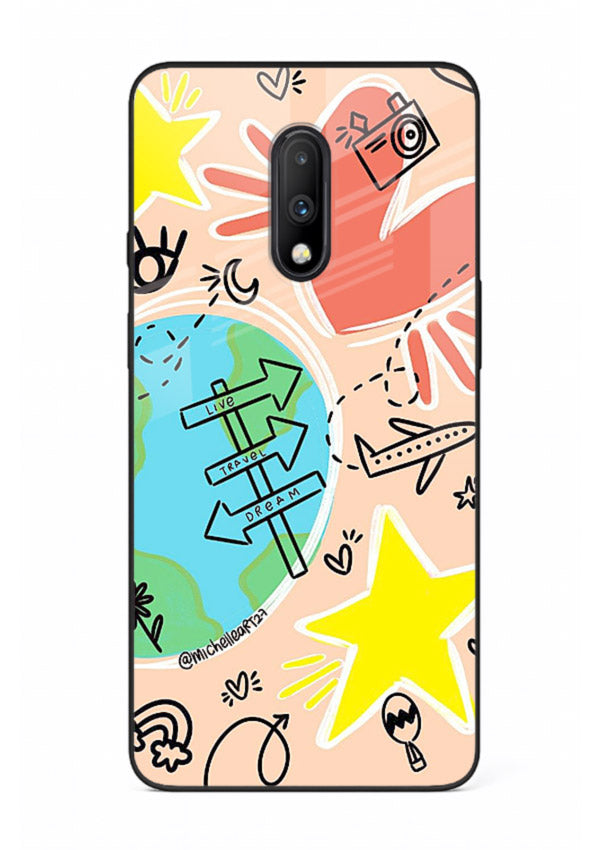 Colorful Travel Doodles sketch artwork OnePlus 7 glass back cover
