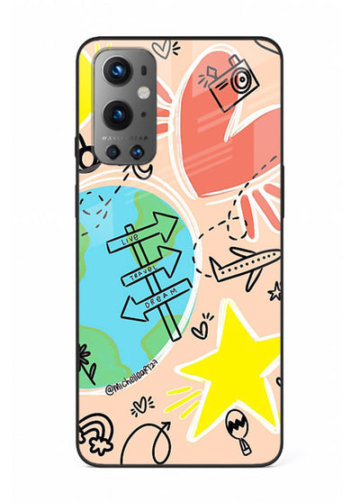Colorful Travel Doodles sketch artwork OnePlus 9 glass back cover