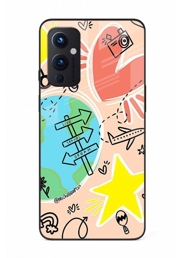 Colorful Travel Doodles sketch artwork OnePlus 9 Pro glass back cover