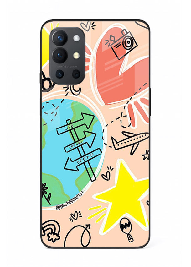 Colorful Travel Doodles sketch artwork OnePlus 9R glass back cover