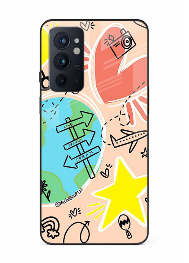 Colorful Travel Doodles sketch artwork OnePlus 9RT glass back cover