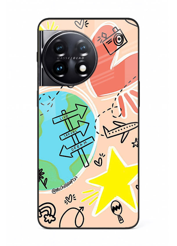 Colorful Travel Doodles sketch artwork OnePlus 11R glass back cover