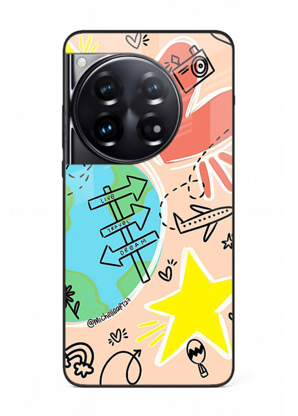 Colorful Travel Doodles sketch artwork OnePlus 12 glass back cover