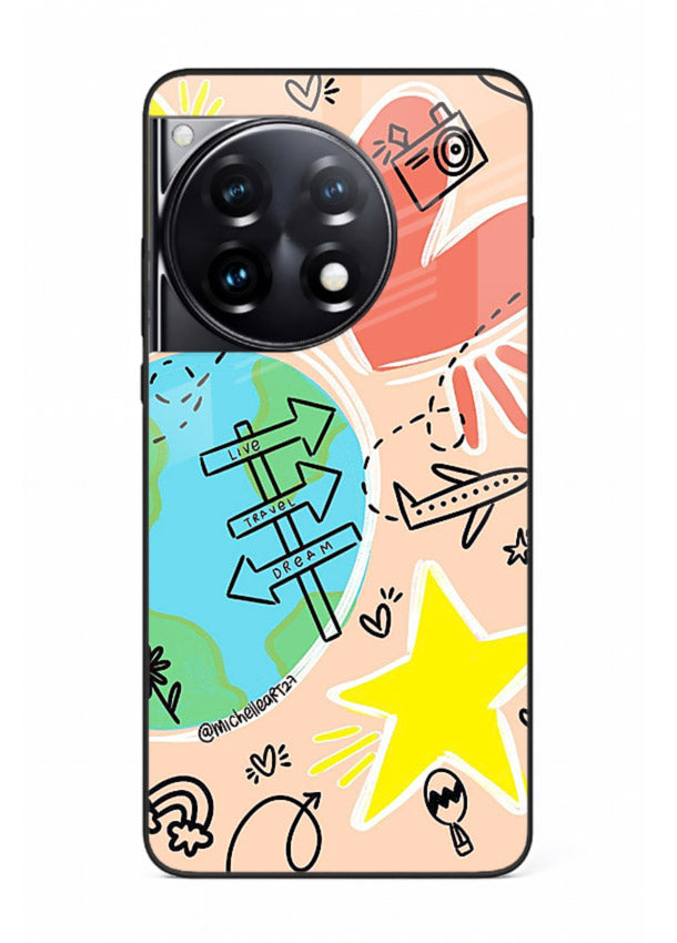 Colorful Travel Doodles sketch artwork OnePlus 12R glass back cover