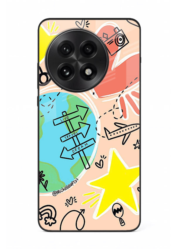 Colorful Travel Doodles sketch artwork OnePlus 13R glass back cover