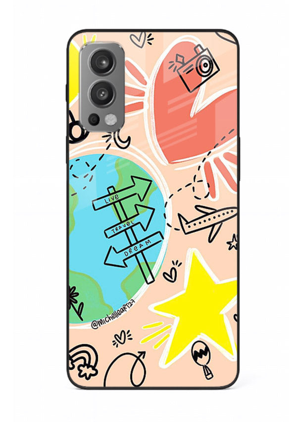 Colorful Travel Doodles sketch artwork OnePlus Nord 2 glass back cover