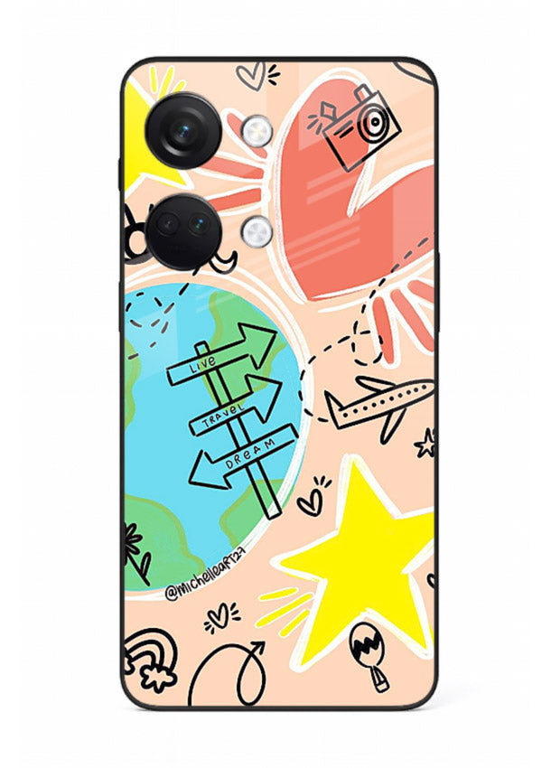 Colorful Travel Doodles sketch artwork OnePlus Nord 3 glass back cover