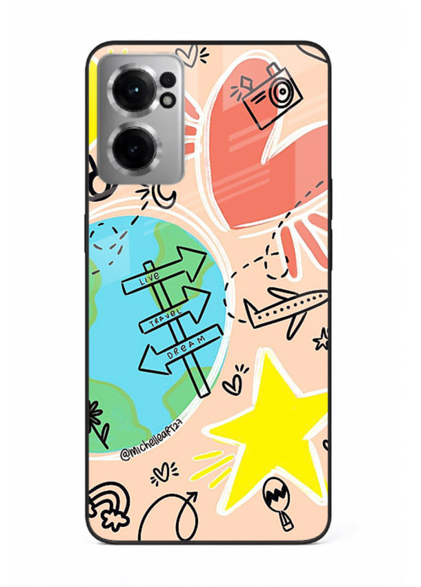 Colorful Travel Doodles sketch artwork OnePlus Nord CE2 5G glass back cover