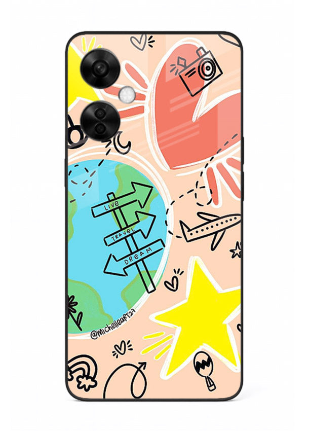 Colorful Travel Doodles sketch artwork OnePlus Nord CE3 Lite glass back cover