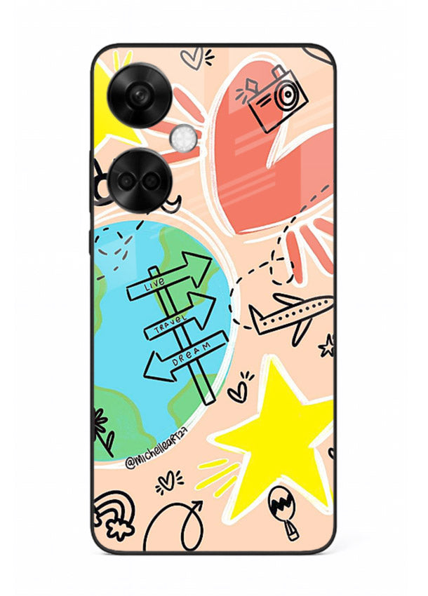 Colorful Travel Doodles sketch artwork OnePlus Nord CE3 glass back cover