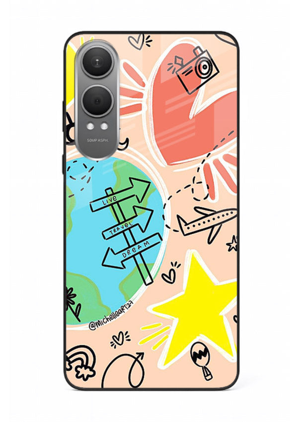 Colorful Travel Doodles sketch artwork OnePlus Nord CE4 Lite glass back cover