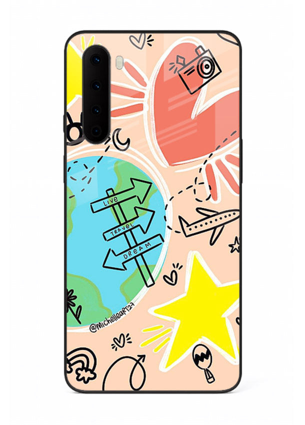 Colorful Travel Doodles sketch artwork OnePlus Nord glass back cover