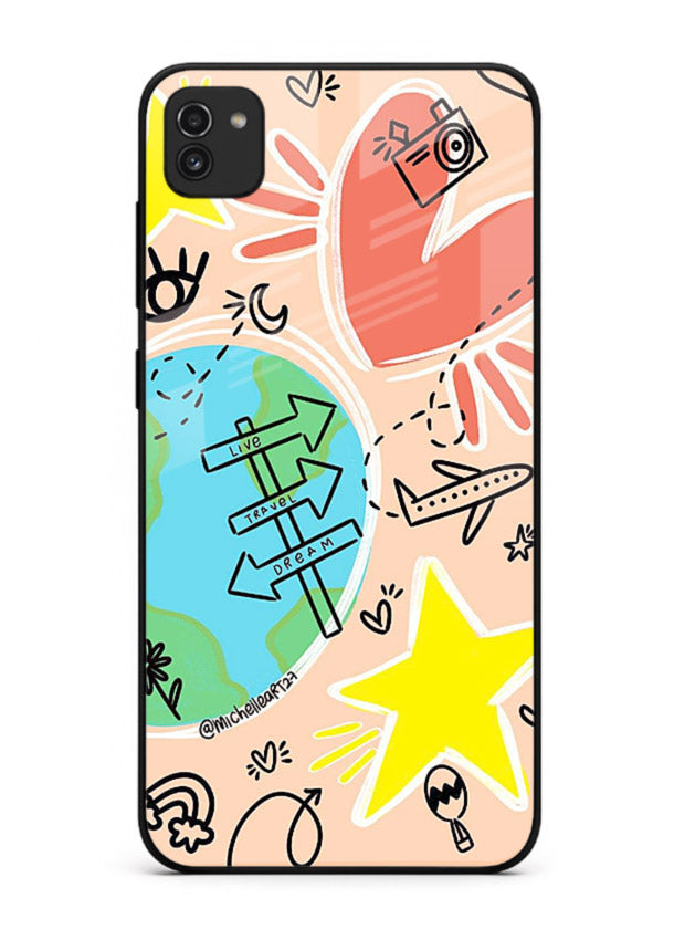 Colorful Travel Doodles sketch artwork Samsung A03 glass back cover