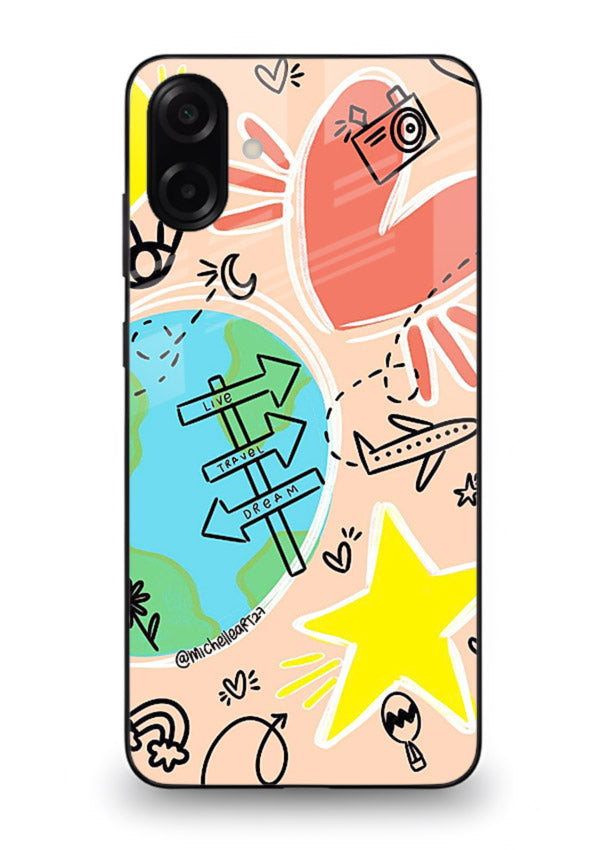 Colorful Travel Doodles sketch artwork Samsung M04 glass back cover