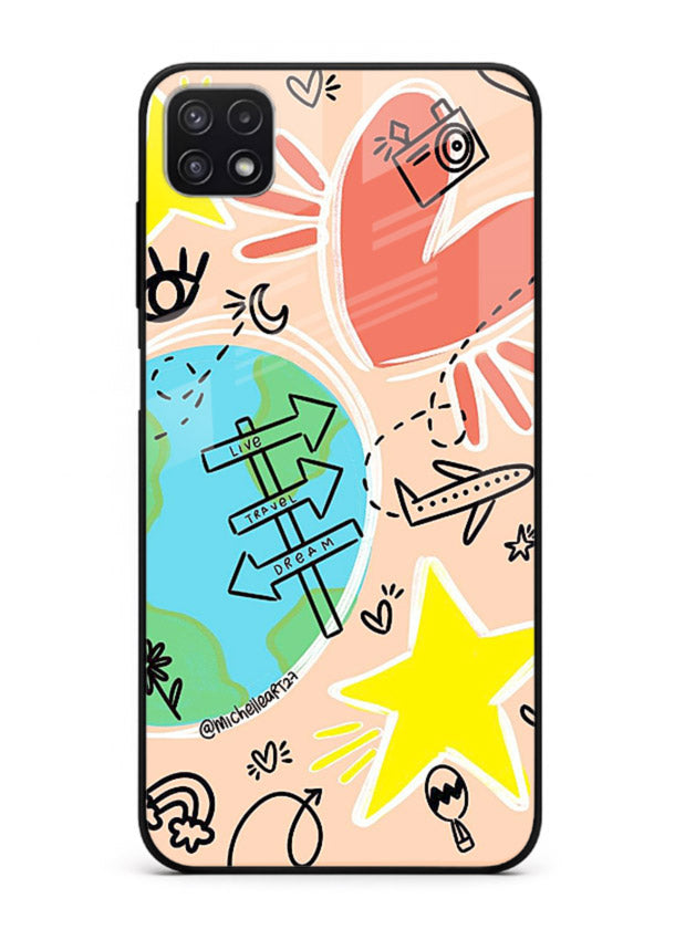 Colorful Travel Doodles sketch artwork Samsung F42 5G glass back cover
