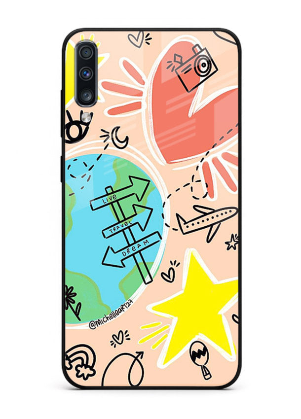 Colorful Travel Doodles sketch artwork Samsung A50 glass back cover