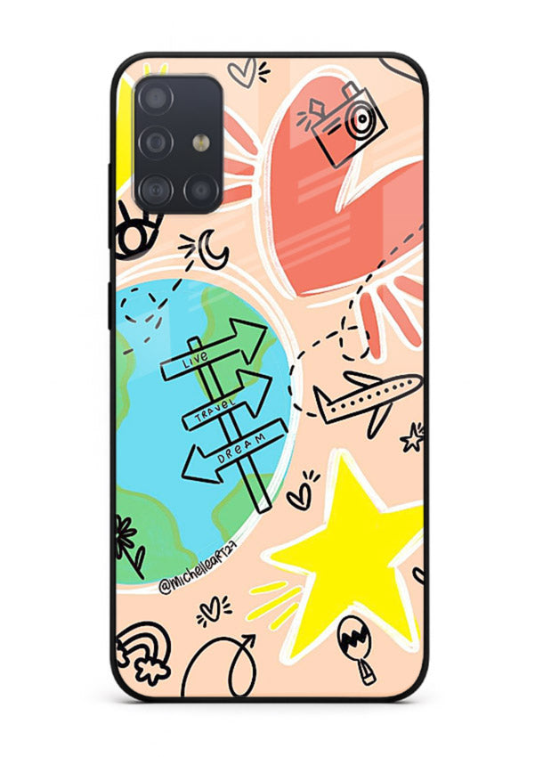 Colorful Travel Doodles sketch artwork Samsung A51 glass back cover