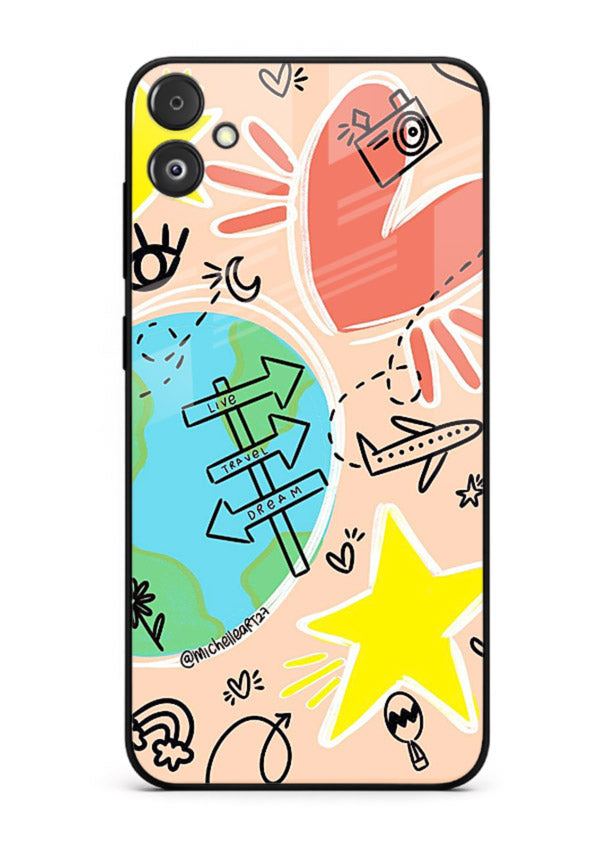 Colorful Travel Doodles sketch artwork Samsung A04e glass back cover