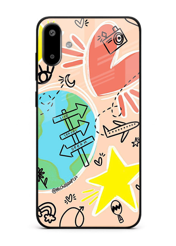 Colorful Travel Doodles sketch artwork Samsung F06 5G glass back cover