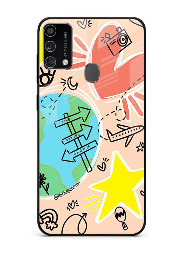 Colorful Travel Doodles sketch artwork Samsung F41 glass back cover