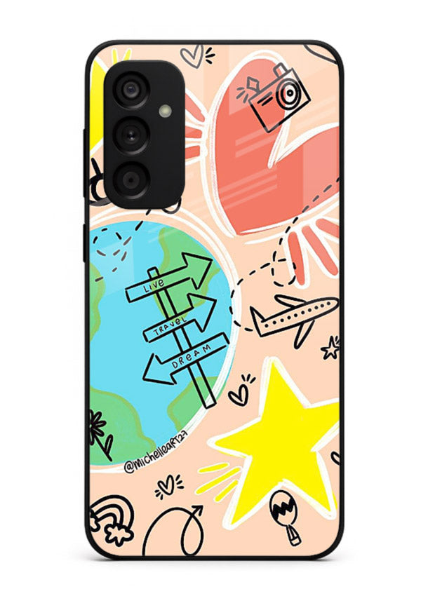 Colorful Travel Doodles sketch artwork Samsung F54 5G glass back cover