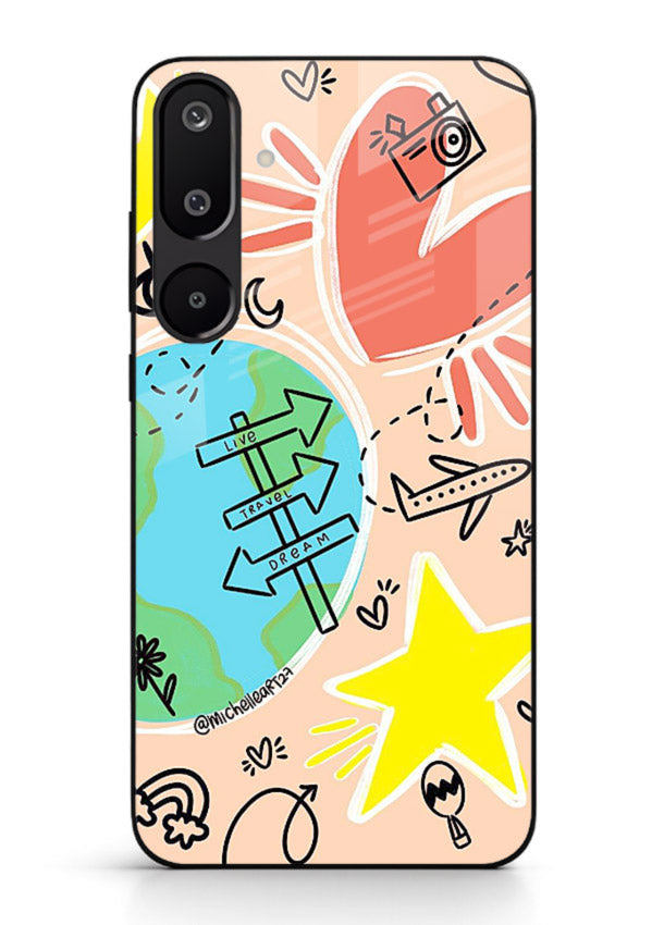 Colorful Travel Doodles sketch artwork Samsung M16 5G glass back cover