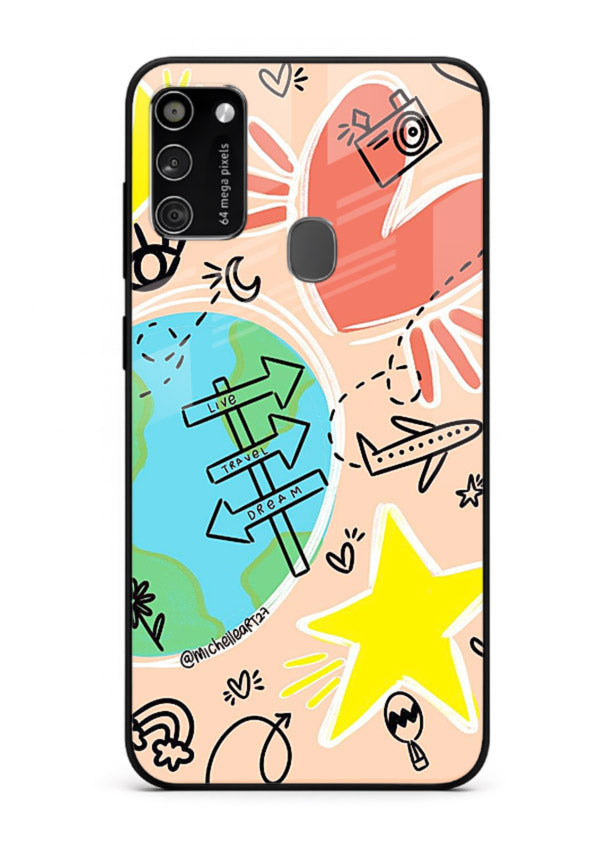 Colorful Travel Doodles sketch artwork Samsung M21 glass back cover