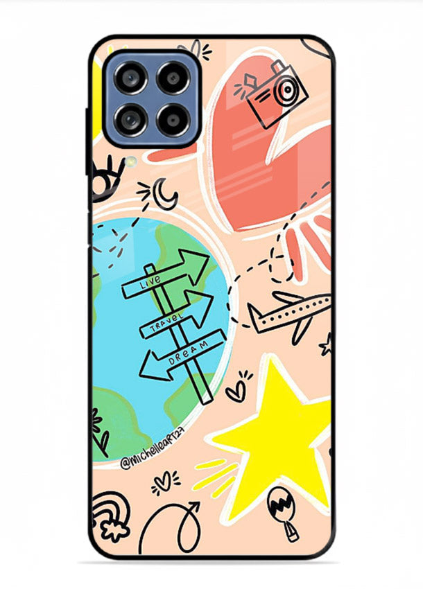 Colorful Travel Doodles sketch artwork Samsung F62 glass back cover