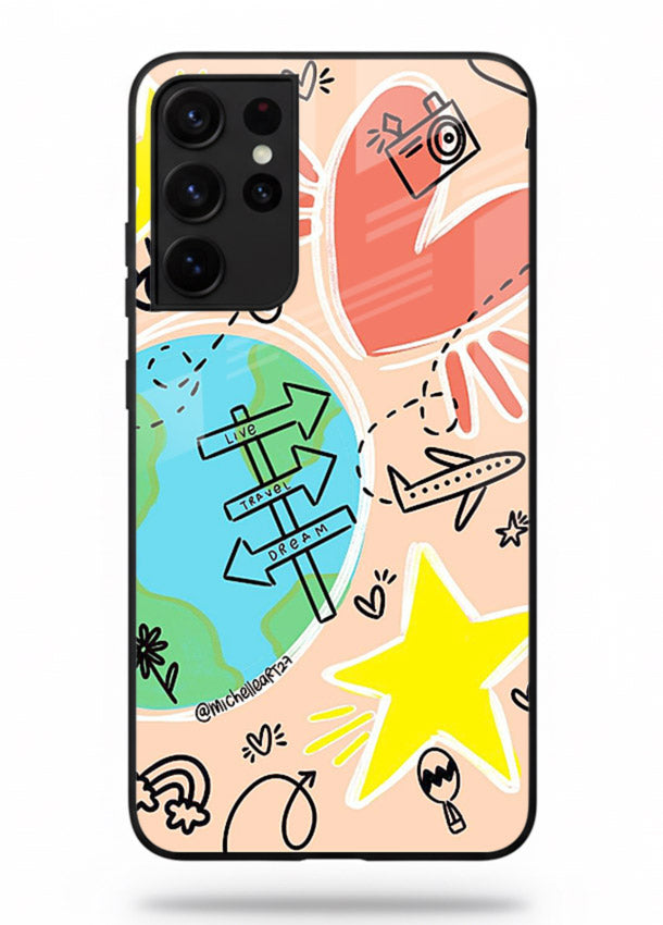 Colorful Travel Doodles sketch artwork Samsung S21 Ultra glass back cover