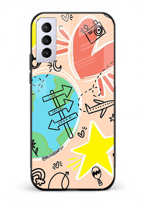 Colorful Travel Doodles sketch artwork Samsung S22 glass back cover