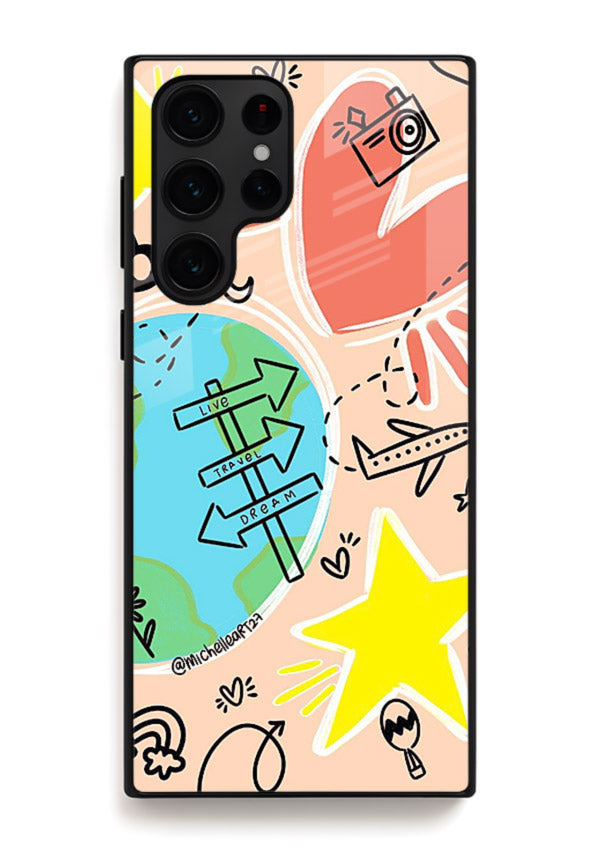 Colorful Travel Doodles sketch artwork Samsung S24 Ultra glass back cover