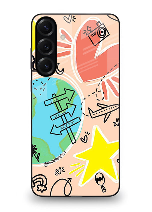 Colorful Travel Doodles sketch artwork Samsung S24 FE glass back cover