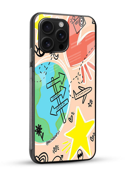 Colorful Travel Doodles sketch artwork glossy vibrant premium glass back cover - Angle Side