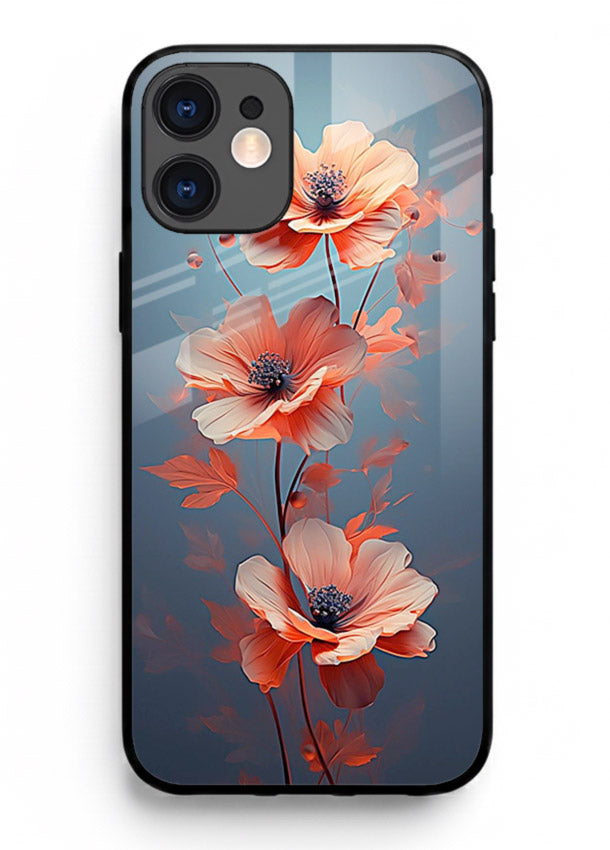 Coral stem artwork on iphone 12 mini glass back cover with warm minimal botanical accents.