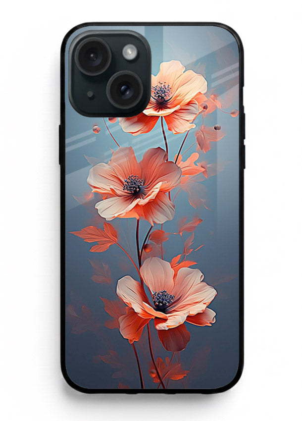Coral stem artwork on iphone 14 glass back cover with warm minimal botanical accents.