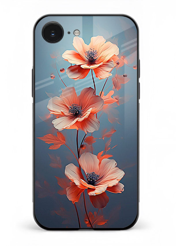 Coral stem artwork on iphone 16e glass back cover with warm minimal botanical accents.