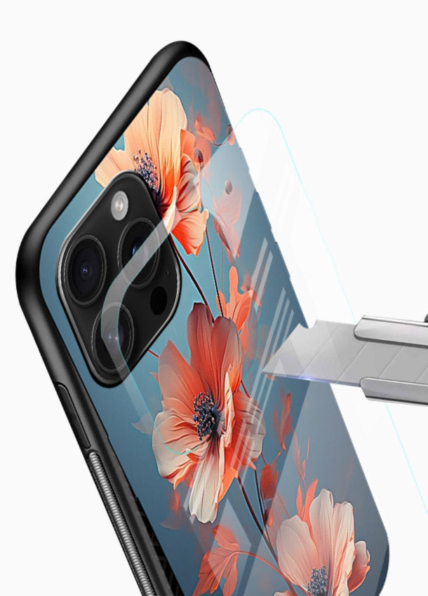 Coral stem artwork on glossy vibrant premium glass back cover with warm minimal botanical accents. - Angle Blade