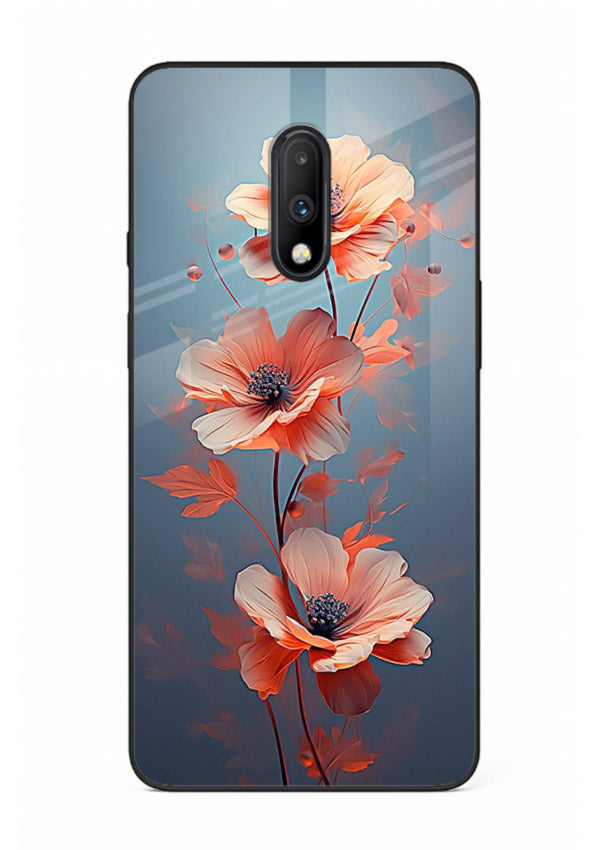 Coral stem artwork on OnePlus 7 glass back cover with warm minimal botanical accents.