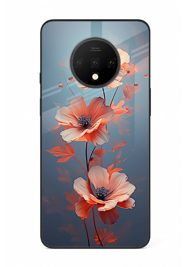 Coral stem artwork on OnePlus 7T glass back cover with warm minimal botanical accents.
