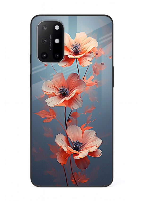 Coral stem artwork on OnePlus 8T glass back cover with warm minimal botanical accents.