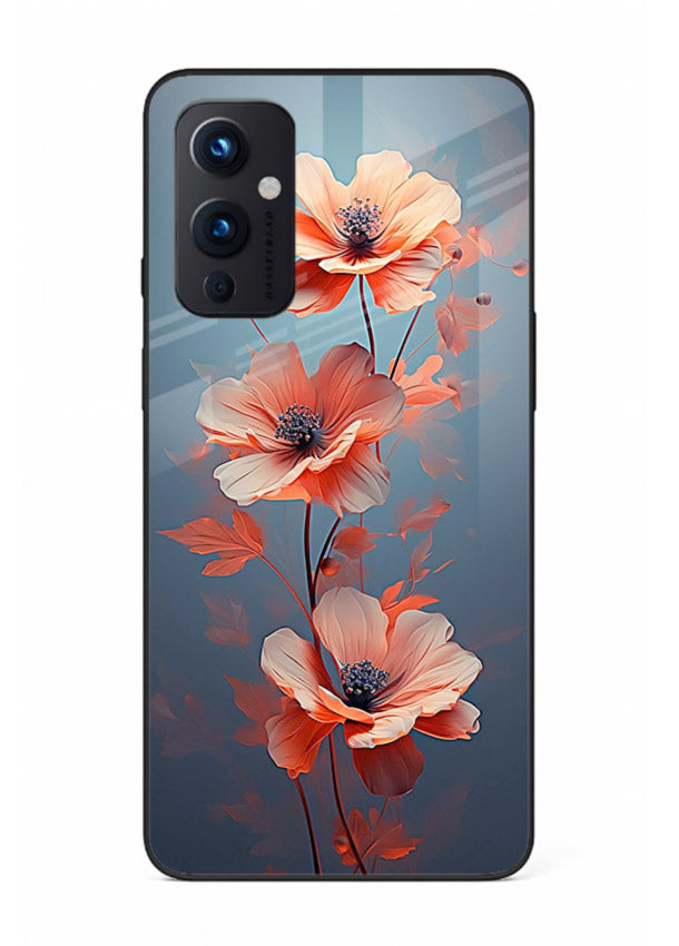 Coral stem artwork on OnePlus 9 Pro glass back cover with warm minimal botanical accents.