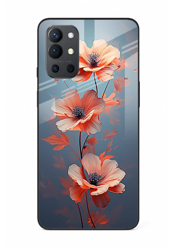 Coral stem artwork on OnePlus 9R glass back cover with warm minimal botanical accents.