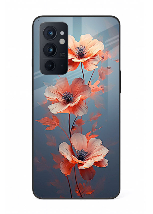 Coral stem artwork on OnePlus 9RT glass back cover with warm minimal botanical accents.