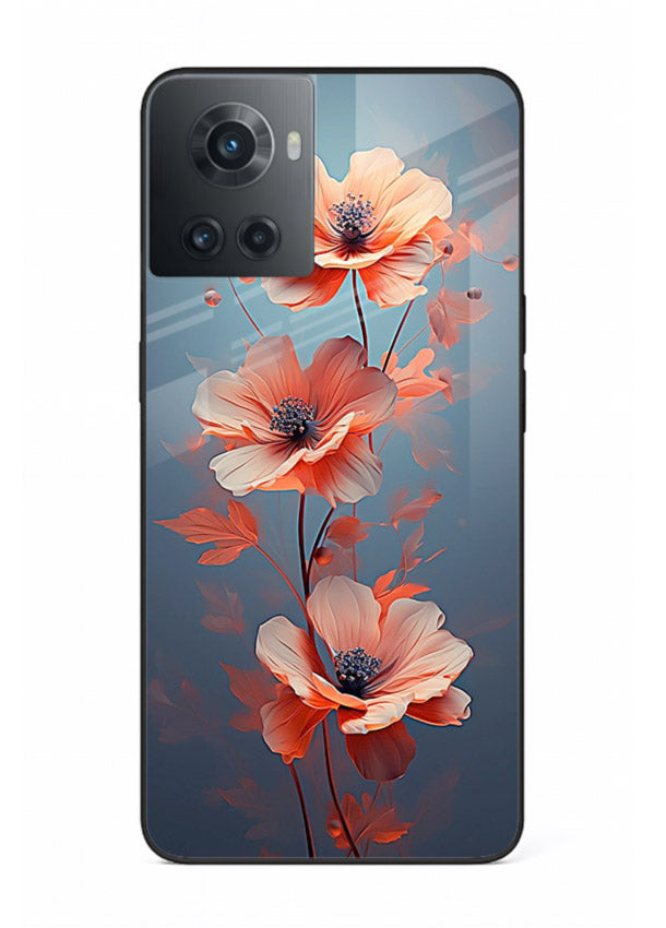 Coral stem artwork on OnePlus 10R glass back cover with warm minimal botanical accents.