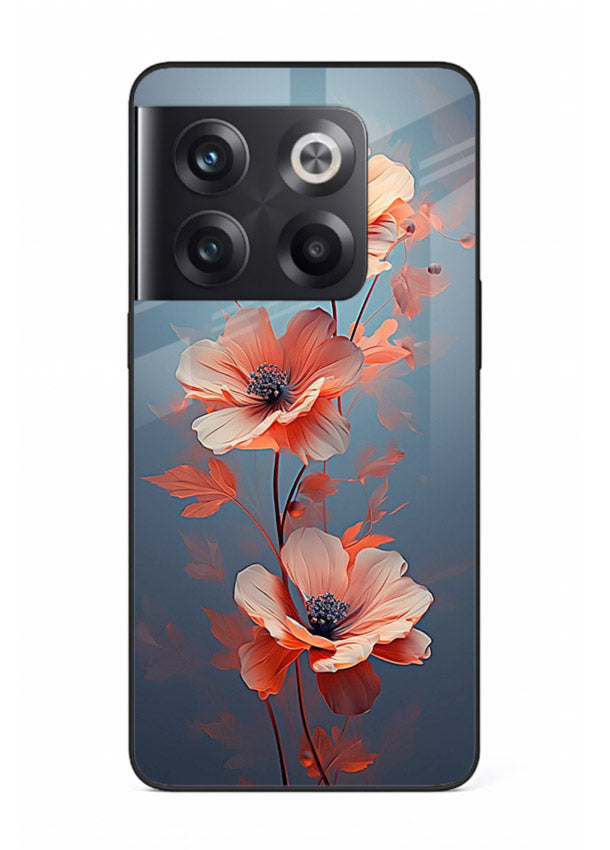 Coral stem artwork on OnePlus 10T glass back cover with warm minimal botanical accents.