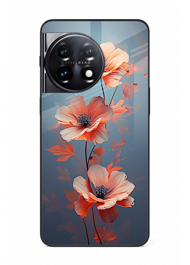Coral stem artwork on OnePlus 11R glass back cover with warm minimal botanical accents.