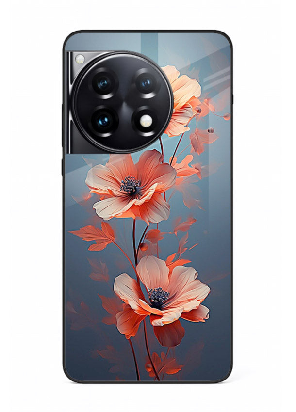 Coral stem artwork on OnePlus 12R glass back cover with warm minimal botanical accents.