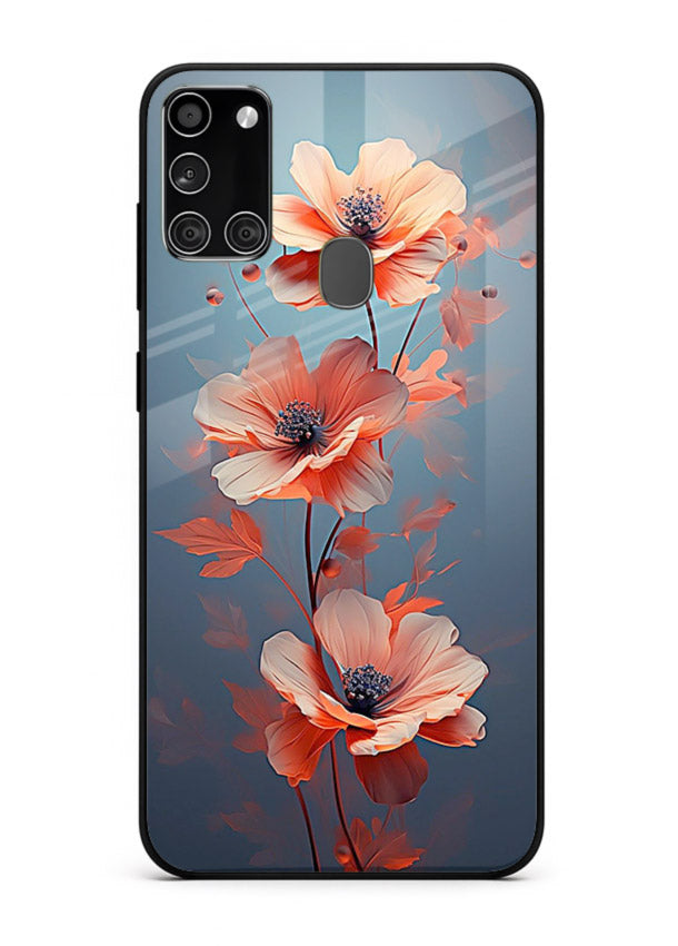 Coral stem artwork on Samsung A21s glass back cover with warm minimal botanical accents.