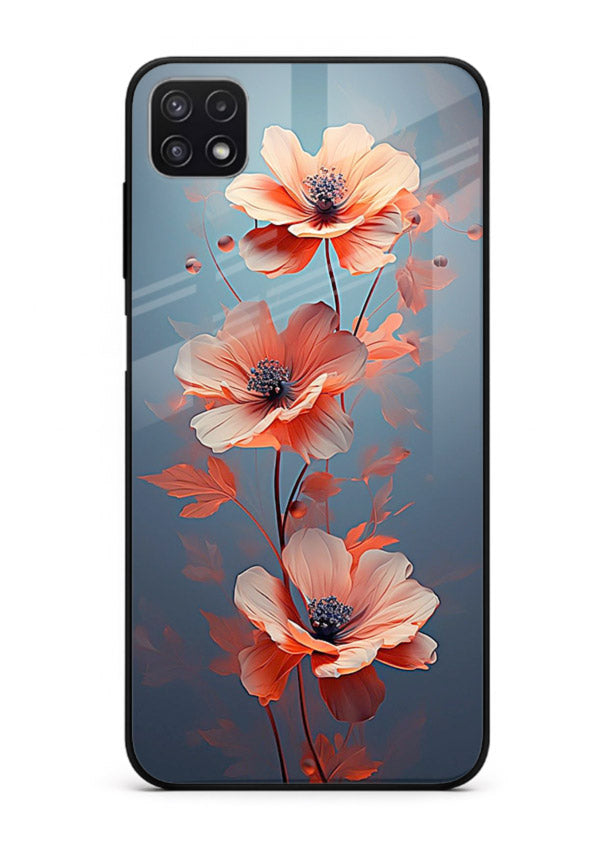 Coral stem artwork on Samsung F42 5G glass back cover with warm minimal botanical accents.